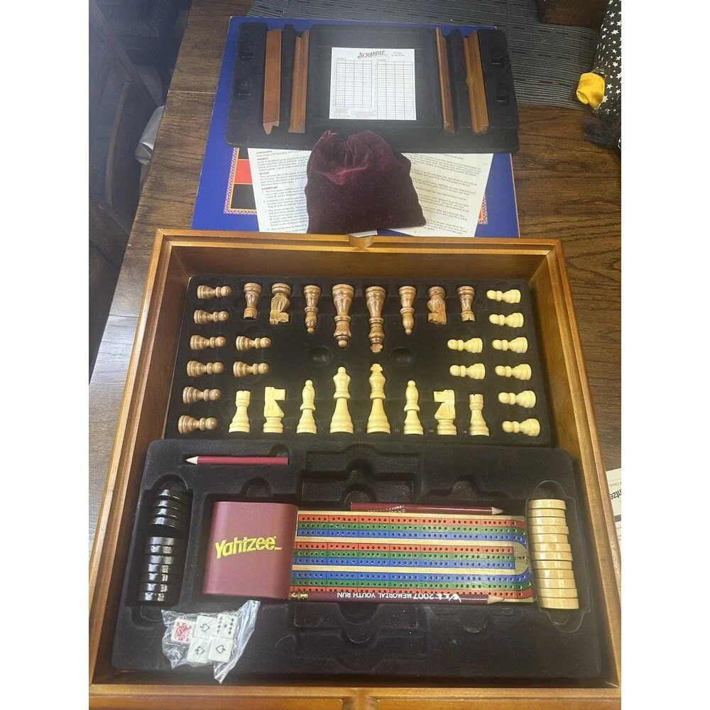 Scrabble & Yahtzee Wood Cabinet Collector Set 6 games Incomplete 2005